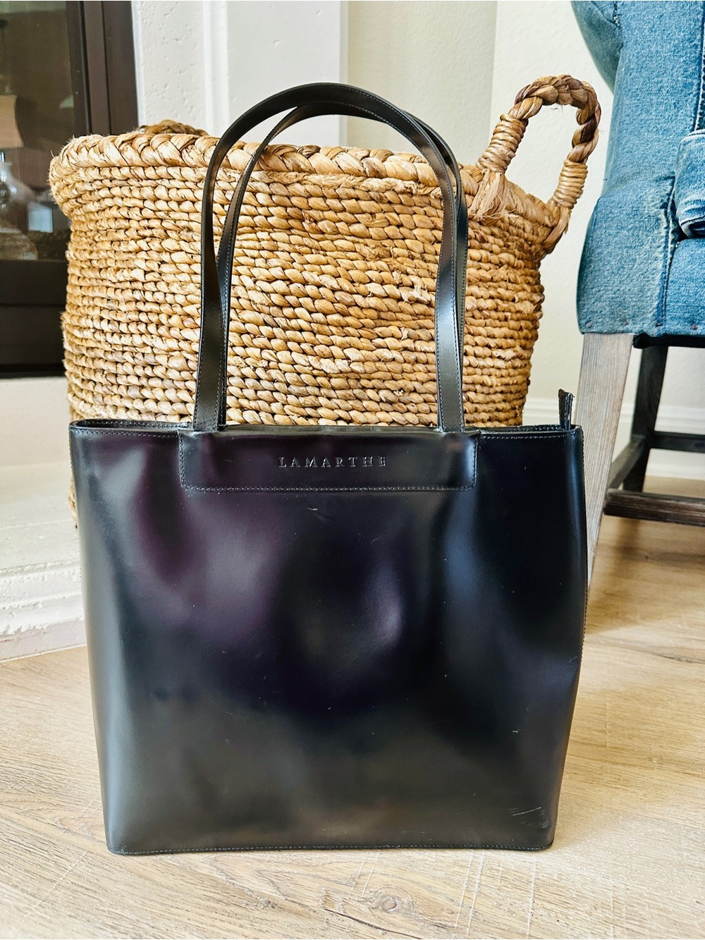 LAMARTHE Vintage Black Soft Leather Paris French Tote with Dual Top Handles